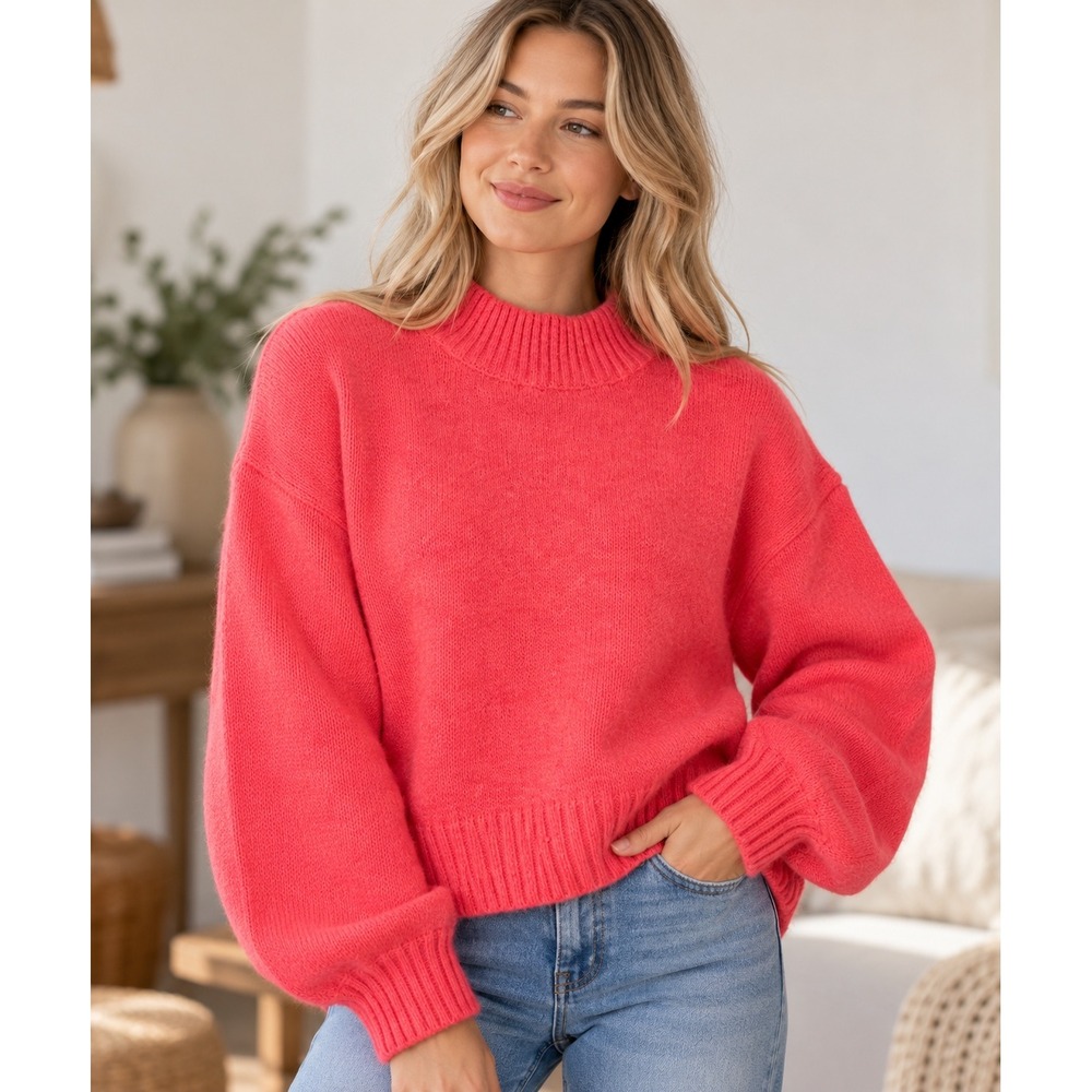 American Eagle Pink Coral Mock Neck Balloon Sleeve Knit Sweater Small